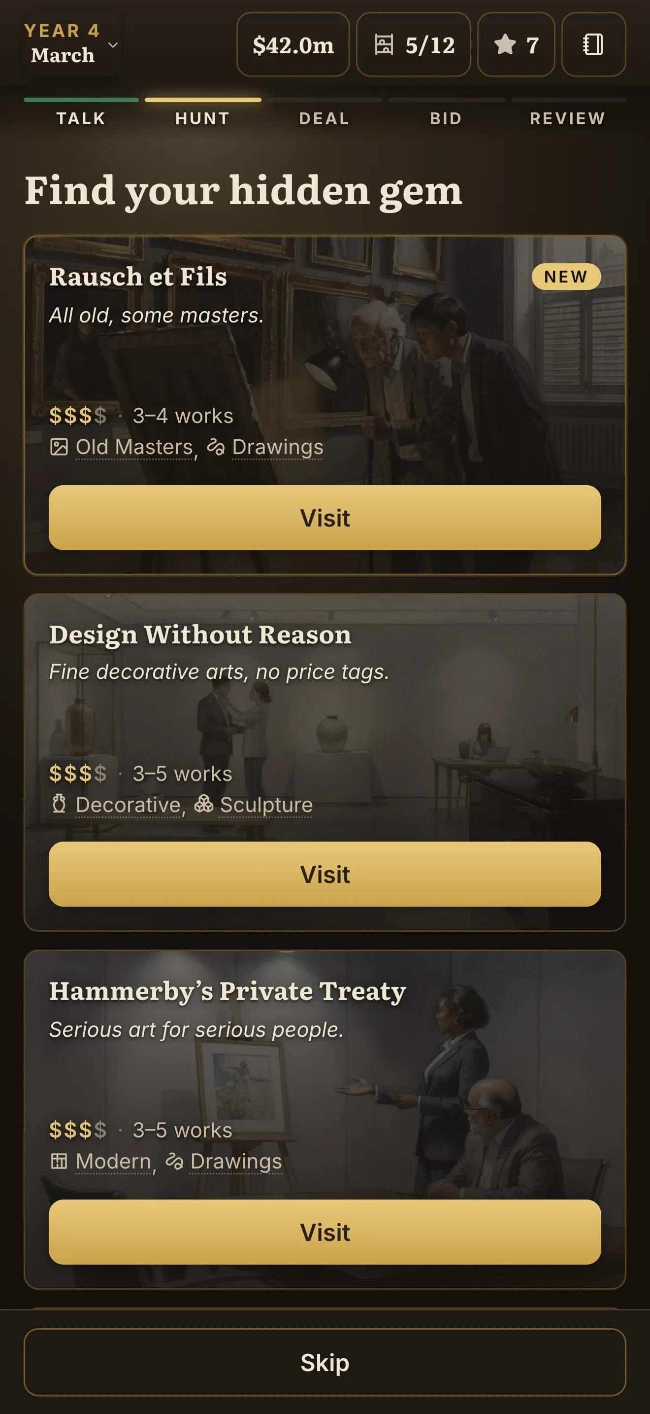 Choosing which venue to hunt for art