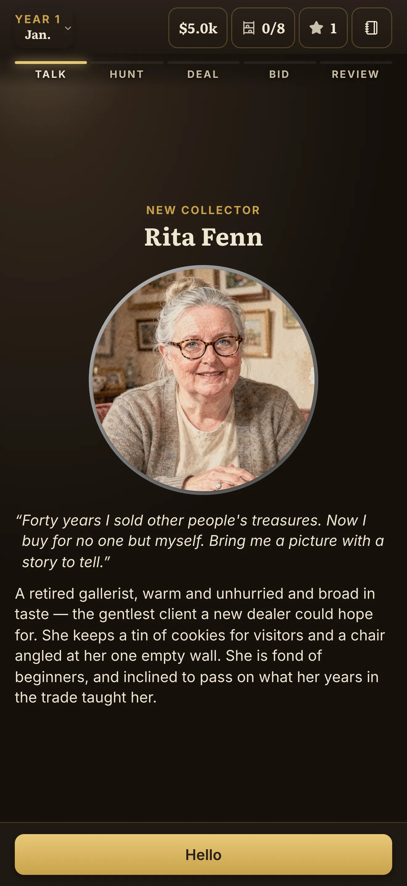 Rita Fenn, a retired gallerist, introduces herself